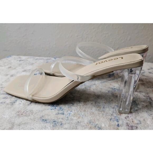 Leevar Cream Leather Square Toe Strappy Heels Women 8.5 Chunky Slip On Formal - Picture 2 of 6